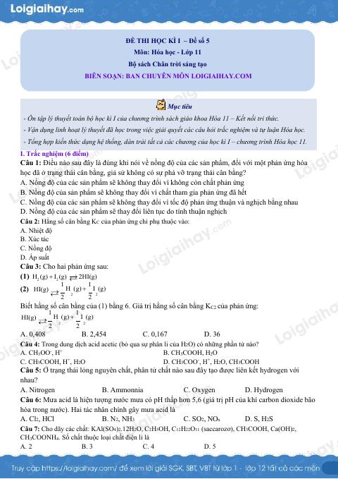 Đề thi giữa kì 1 Hóa 11 Chân trời sáng tạo - Đề số 5